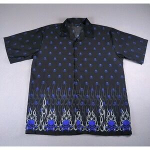 Vintage Y2K MT:2 Shirt Mens Large Black Button Up Flames Skull Crossbones Grunge